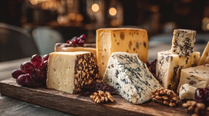 Artisanal Cheese Board Assortment Featuring Variety of Cheeses, Grapes, and Walnuts on Wooden Surface