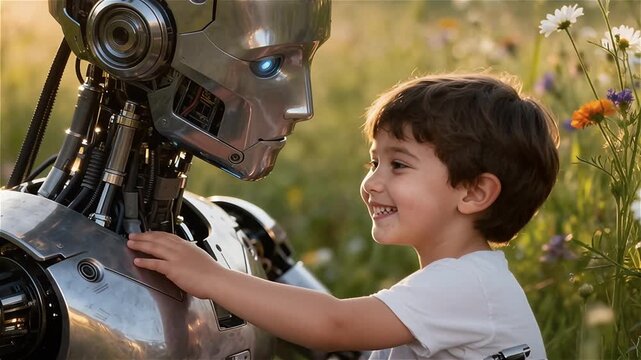Un robot humanoide interactuando suavemente con un niño pequeño en un campo de flores silvestres