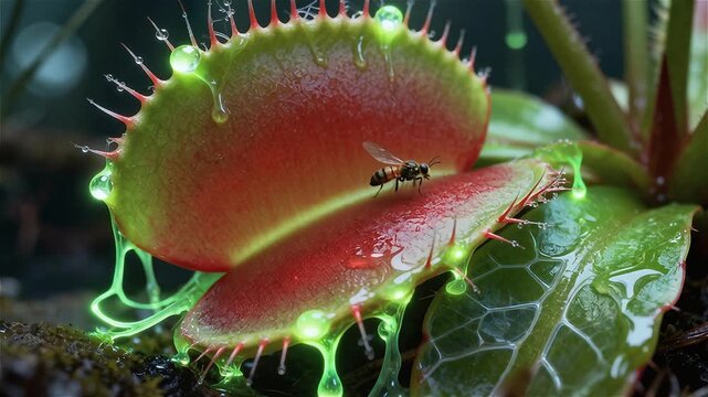  Flor gigante carnívora con tentáculos brillantes y pegajosos atrapando un insecto 