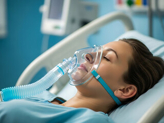 Fototapeta premium A patient wearing a transparent breathing mask, soft clinical side lighting, slightly blurred hospital room, calm subtle expression, modern medical photography style