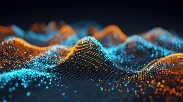 Abstract Data Visualization of Interconnected Dots Forming Wavy Terrain in Blue and Orange, Representing Technology
