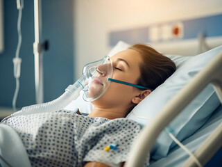 Patient resting with a transparent oxygen mask, soft medical lighting, clean hospital room background slightly blurred, calm expression, cinematic healthcare mood