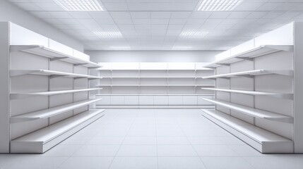 Obraz premium Empty White Retail Space with Shelves, Perfect for Product Mockups and Store Design Visualizations