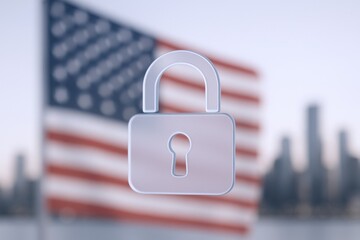 American Security Concept: Padlock Overlaying USA Flag, Signifying National Cybersecurity and Data Protection Measures