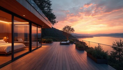 Fototapeta premium Luxurious penthouse terrace sunset view over lake. Modern architecture balcony with deck furniture. Interior design bedroom with panoramic window. Evening sky reflecting in water. Beautiful vacation