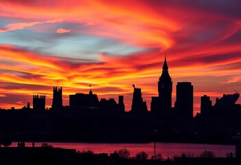 Fototapeta premium Iconic London skyline silhouette at sunset, dark against vibrant sky, big ben, photography