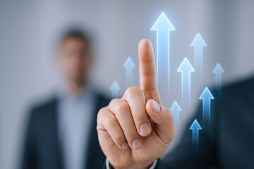 Business professional pointing at upward moving arrows symbolizing growth, success, and positive progress in digital interface