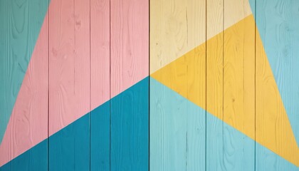 Wooden planks painted in pink, yellow, and blue geometric shapes. Overlapping triangles create a vibrant abstract background with visible wood grain. Colorful design adds texture and visual interest.