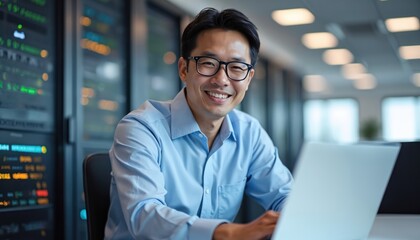 Smiling Asian man wears blue shirt glasses works laptop server room. IT specialist manages computer network infrastructure. Pro man sits at desk with technology hardware.