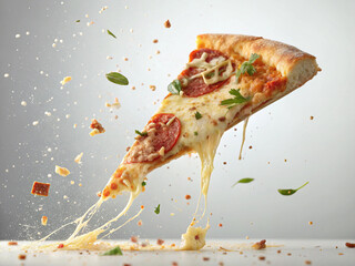 Levitating Pepperoni Pizza Slice with Dynamic Cheese Pull