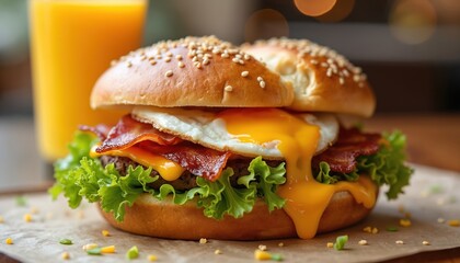 Delicious breakfast sandwich with fried egg bacon cheese and fresh lettuce. The burger is in soft toasted bun with sesame seeds. Fresh orange juice is in the background.