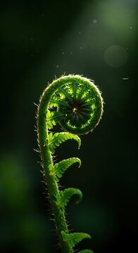 A vibrant green fern fiddlehead unfurls in a spiral pattern, brightly backlit against a dark, soft-focus background with glowing dust particles.