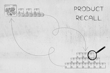 product recall with production line boxes, inspection pile and return arrow illustration