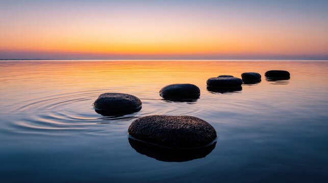 Zen Stepping Stones Leading to Tranquility at Sunset: Calm Water, Balance, and Peaceful Journey - Powered by Adobe