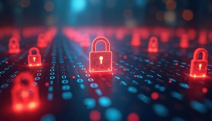 Glowing red padlocks floating above binary code. Visual represents cybersecurity data protection and digital security. Digital encryption internet safety information technology background and concept.