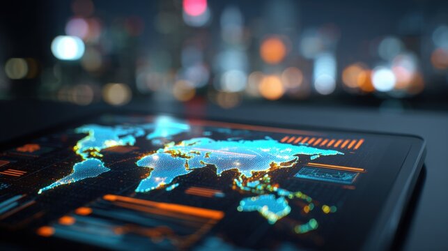 Global Connectivity Concept: World Map Displayed on a Modern Tablet against a Blurred Cityscape Backdrop - Powered by Adobe
