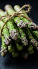 A fresh bunch of vibrant green asparagus spears tied with rustic twine rests on a dark slate surface, highlighted by water droplets and soft lighting.