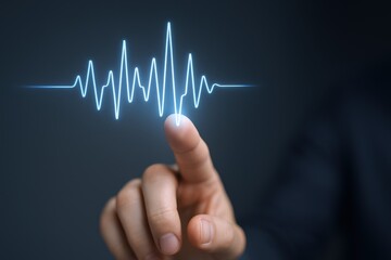 Finger Touching a Glowing Waveform Visual Representation of Data, Technology, and Connectivity in Digital World