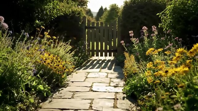 A sun-drenched stone pathway leads through a vibrant garden to a rustic wooden gate