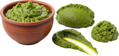 Fresh green pesto sauce in a rustic clay bowl and abstract shapes of sauce on a transparent background showcasing vibrant texture and rich color food ingredients