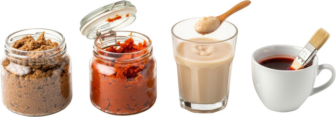 Brown sugar in jar red paste in opened jar smooth sauce in glass with spoon white mug with dark liquid and paintbrush coffee drink art creative dipping