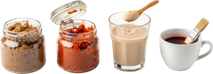 Brown sugar in jar red paste in opened jar smooth sauce in glass with spoon white mug with dark liquid and paintbrush coffee drink art creative dipping