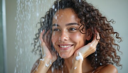 Happy woman washes her face under shower. Female with curly hair smiles while bathing. Beauty portrait of lady enjoys water, cleansing skincare routine at home.