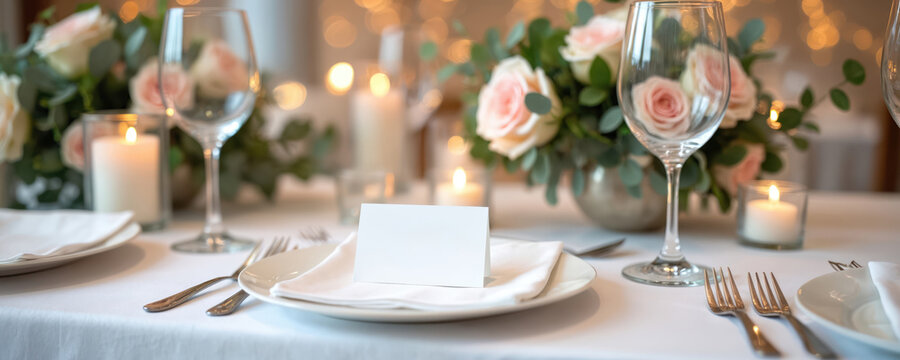 Elegant table setting with floral centerpiece and lit candles. Place card sits on plate awaiting guest, perfect for wedding reception or formal dinner event planning.