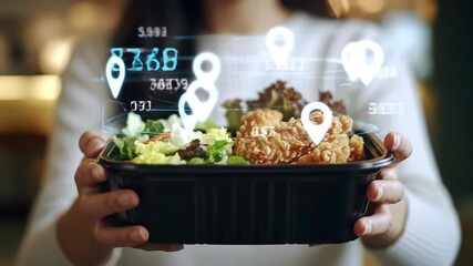 Close up of a woman holding a fried chicken salad takeout box in a restaurant, augmented with a digital location pin overlay.  - Powered by Adobe