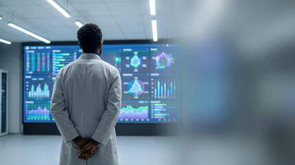 Back view of african american male scientist standing in laboratory analyzing various data charts on a large screen
