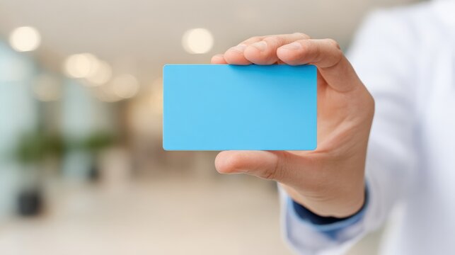 Doctor Holding Blank Blue Card for Message in Hospital Setting, Ideal for Healthcare Marketing - Powered by Adobe