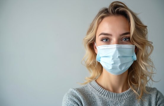 Young woman wears face mask against gray background. Protects from virus, disease. Image represents health safety, pandemic awareness. Highlights preventative measures during global crisis. - Powered by Adobe