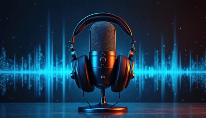 Condenser mic with studio headphones rests before blue audio waveform graph. Sound waves pulse, representing voice recording, music production, broadcast media creation, digital audio capture, talk