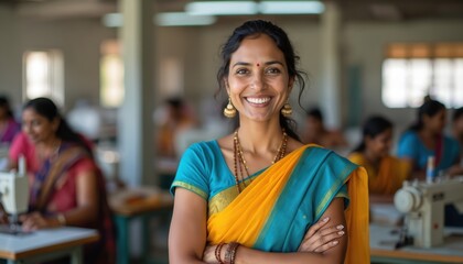 Indian woman leader smiles confidently in textile workshop. She wears traditional saree and supervises women sewing clothes on machines, working hard.