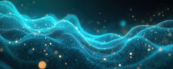 Abstract blue waves with glowing particles, representing energy flow and digital network connections. Cosmic light forms a dynamic, futuristic pattern suggesting technology and virtual space.
