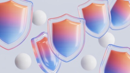 Futuristic gradient shield icons on soft background abstract 3D protection concept for cybersecurity privacy antivirus branding