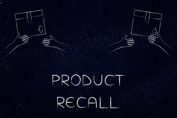 product recall illustration with manufacturer and customer exchanging product box