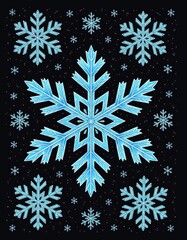 A sketch of ice blue snowflakes on a black background. 