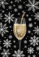 A sketch of snowflakes with champagne on a black background. 