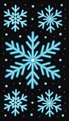 A sketch of ice blue snowflakes on a black background. 