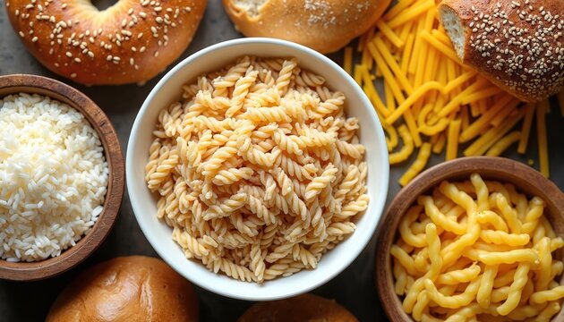 Assortment of carbs including cooked pasta, uncooked noodles, rice, bagels, and bread buns. Various starchy foods are arranged together on a dark surface. - Powered by Adobe