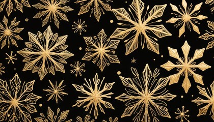 A sketch of gold snowflakes on a black background. 