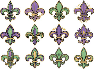 A collection of Fleur-de-lis in gold, green and purple colors with intricate details for Mardi Gras celebrations and designs © Chico Store