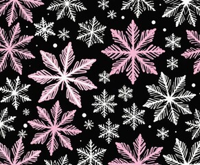 A sketch of pink snowflakes on a black background. 