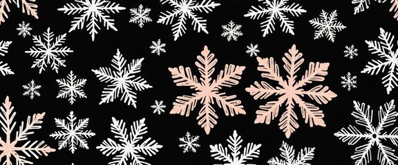 A sketch of pink snowflakes on a black background. 