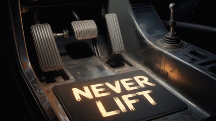 Racing car accelerator pedal interior with illuminated Never Lift motivational text for speed performance and motorsport inspiration