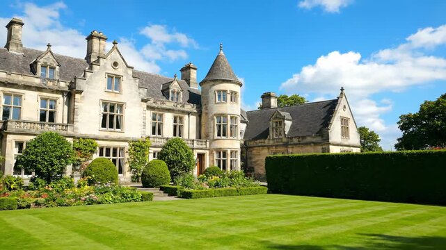 Majestic stone mansion exterior with manicured green lawn, vibrant floral gardens, and a bright blue sky. A picturesque countryside estate with historic architecture.