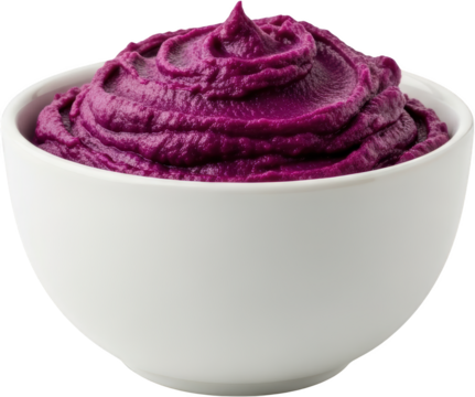 A white ceramic bowl filled with creamy vibrant purple sweet potato mash swirled to a peak on a transparent background puree food healthy smooth dessert - Powered by Adobe