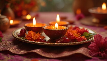 Lit diyas and marigold flowers arranged on ornate plate. Silk fabric with gold pattern. Festive Indian tradition celebration with warm candlelight glow on table.