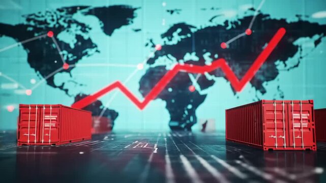 Conceptual global trade downturn with red shipping containers and a falling red arrow displayed on a world map background showcasing international commerce problems.